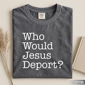 May include: A dark gray t-shirt with the text "Who Would Jesus Deport?" in white, centered on the front. The shirt is made of a soft material and has a crew neck. The brand tag is visible at the neckline.