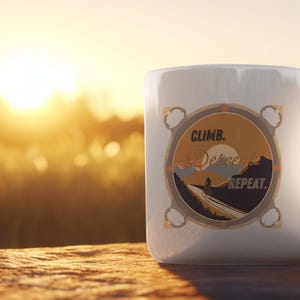Könnte beinhalten: Eine weiße Keramiktasse mit einer Grafik einer Bergstraße und dem Text "CLIMB. DESCEND. REPEAT." Die Tasse steht auf einer Holzoberfläche mit einem verschwommenen Hintergrund eines Sonnenuntergangs.