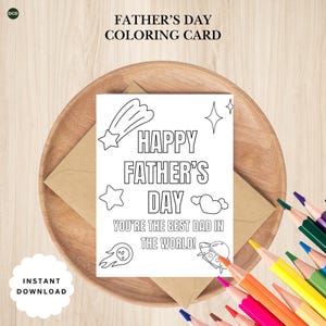 Vaderdag kleurkaart voor kinderen - Afdrukbare Vaderdagkaart, DIY Vaderdagcadeau van kind, ruimtethemakaart, direct downloaden
