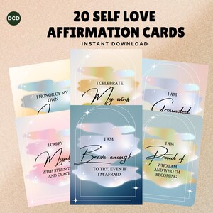 May include: A collection of 20 self-love affirmation cards with the text "20 SELF LOVE AFFIRMATION CARDS INSTANT DOWNLOAD". Each card features inspirational phrases like "I celebrate my wins" and "I am brave enough". The cards have a soft, pastel color palette.