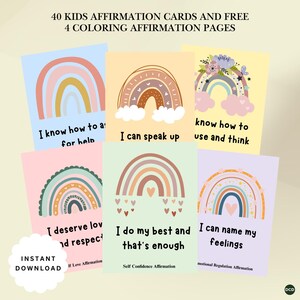 Kids Affirmation Cards with Free 4 Coloring Pages | Printable Positive Quotes for Kids | Self Love, Confidence & Coping Skills I PDF