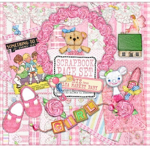 May include: Pink and white scrapbook paper set with a teddy bear, a house, a mouse, and a baby rattle. The paper set includes a variety of patterns and textures, including gingham, polka dots, and floral designs. The text "Scrapbook Page Set" and "Biz from Flea Market Baby" is included on the paper.