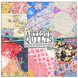 May include: A collection of antique quilt fabric squares in various colors and patterns, including red, pink, blue, yellow, and white. The fabric squares are arranged in a grid pattern and are surrounded by a black border. The text "ANTIQUE QUILTS" is printed in white on a black background.