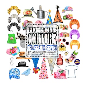 Könnte beinhalten: Ein Satz digitaler druckbarer Bilder mit skurrilen Hüten, Haarteilen und Accessoires. Die Bilder sind für die Verwendung im digitalen Scrapbooking, Kartenbasteln und anderen Bastelprojekten gedacht. Die Bilder umfassen eine Vielzahl von Stilen, darunter eine Kochmütze, eine Hexenmütze, einen Zylinder, eine Blumenkrone und eine Biene. Der Text auf dem Bild lautet "Pixiebelle Couture Chapeaux Seven mo jackson digital doo dads Designed for Delivery via Download".