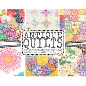 May include: A digital paper pack featuring six different antique quilt designs. The designs are in various colors, including pink, blue, yellow, and green. The paper pack is 12 inches by 12 inches and is designed for delivery via Novel Paperbacks #0325.