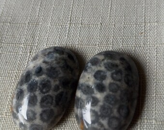 Puede incluir: Dos piedras ovaladas pulidas con un patrón moteado de puntos grises oscuros sobre un fondo gris claro. Las piedras tienen un acabado brillante y se exhiben sobre una tela beige claro texturizada.