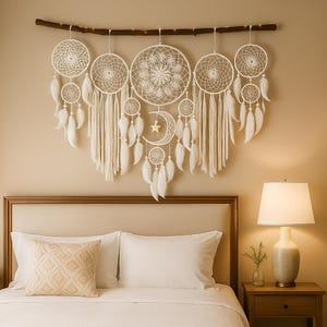 May include: A large, white dreamcatcher wall hanging with multiple circular woven designs, feathers, and a crescent moon and star accent. The dreamcatcher is suspended from a natural wooden branch, creating a bohemian aesthetic. The wall hanging is a decorative piece.