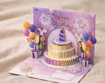 Tarjeta de cumpleaños 3D interactiva con música, vela iluminada y efecto de sonido de fuegos artificiales.