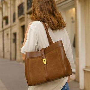Puede incluir: Un bolso tote de cuero marrón con un panel de ante y un cierre dorado. El bolso tiene dos asas y forma rectangular. El bolso se lleva al hombro.