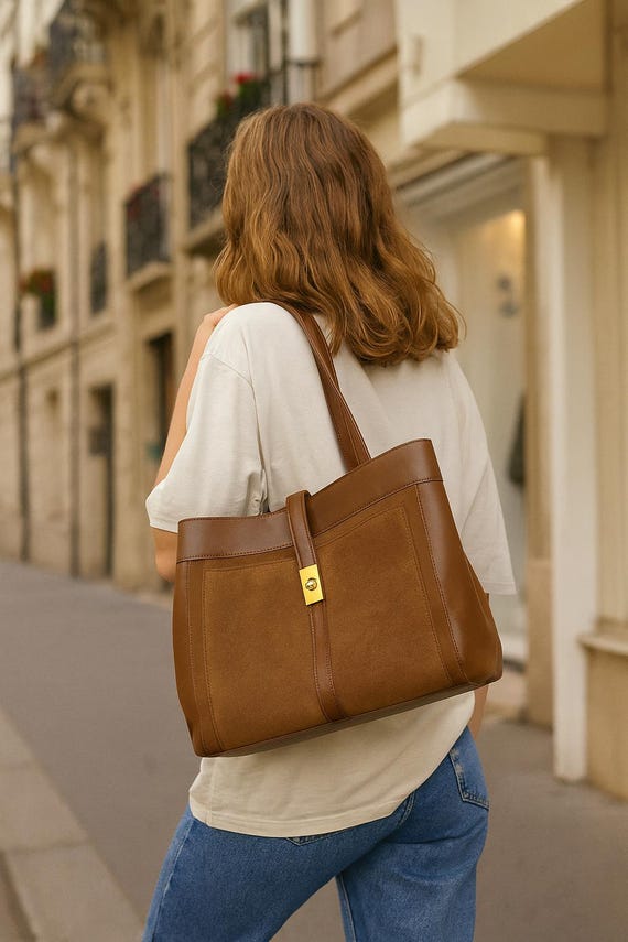 Two-tone Suede Panel Tote Bag | Structured Work Shoulder Bag 