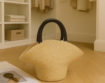 Handmade Straw Hat Bag: Unique Beach Tote with Black Handle