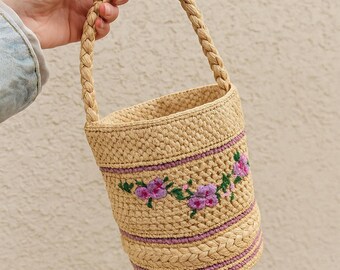 Violet Bloom Raffia Tote – Boho Handmade Crochet Flower Straw Bag for Summer & Beach