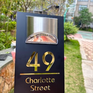 Solar House Number Sign: Modern LED Address Plaque, Custom Engraved or 3D