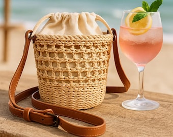 Mini Straw Bucket Bag: Woven Crossbody Purse with Drawstring