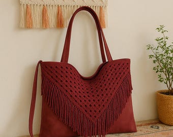 Boho Macrame Fringe Tote, Large Shoulder Bag