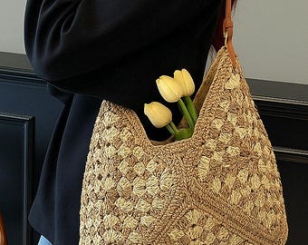 Eco Crochet Tote Bag: Handmade Colorblock Paper Rope Shoulder Purse