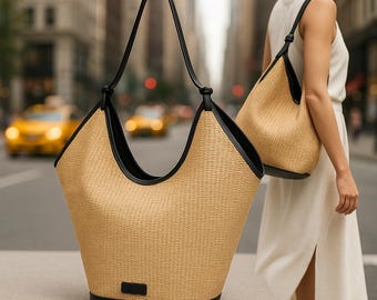 Slouchy Straw Tote Bag – Large Woven Shoulder Bag with Leather Trim, Summer Beach Purse