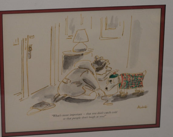 Signed Cartoonist New Yorker Framed Dog Cartoon Dressing up the Dog in Costume Frank Modell 1960s