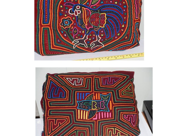 Two vintage Handmade Mola Molas rooster and Fish Hand Sewn Vintage 1970s partially sewn into pillow Panama