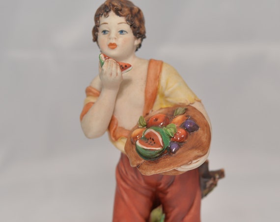 Rori Capodimonte Figurine Boy with Fruit Bowl Bright Colors, Beautiful Hand decorated Figure