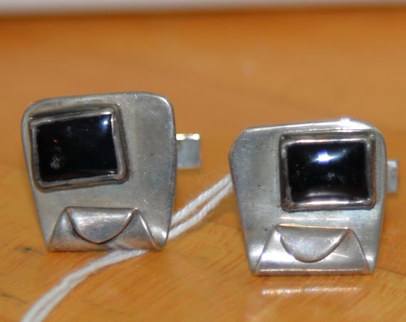 Modernistic Free Form Abstract Sterling Silver Onyx Stylized Cufflinks Atomic