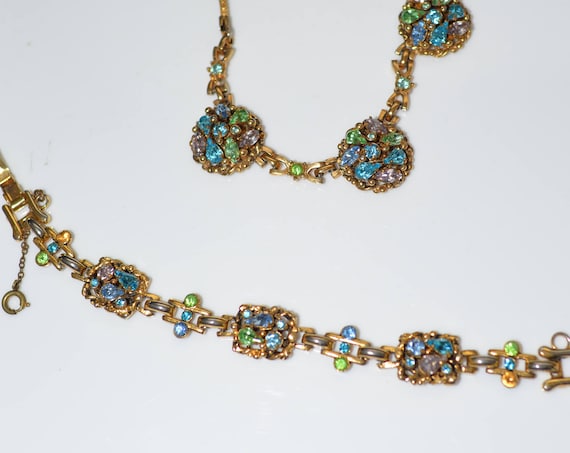 Vintage 1950s Barclay Costume Jewelery Blue Pink Green Pastel Colored Necklace and Bracelet Rhinestone