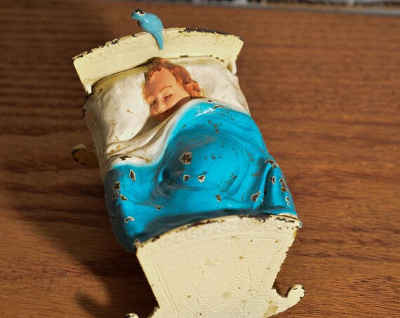 Vintage Cast Metal Bank Child in Bed cast Metal 1930s Antique coin Bank Robin Blue original
