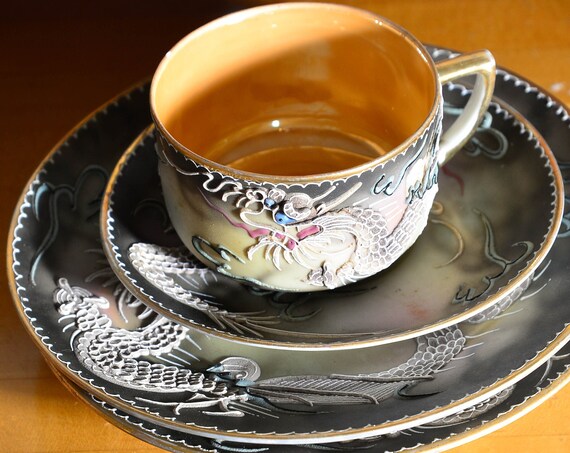 Stunning Moriage Satsuma high Relief Applied Dragon Ware Trio Cups Saucer and under plate Blue to Black Nippon Japanese Pottery