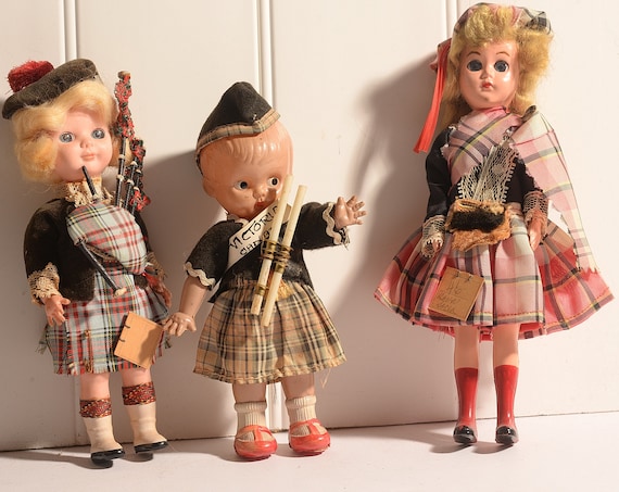 3 souvenir Dolls Kilt Wearing Tartan Plaid, International Dolls 1950s Nova Scotia, Victoria , Scotland