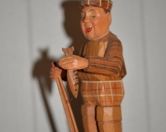 Hand Carved Anri Whimsical Fisherman Figure Statue Fly Fisherman Wood Carving