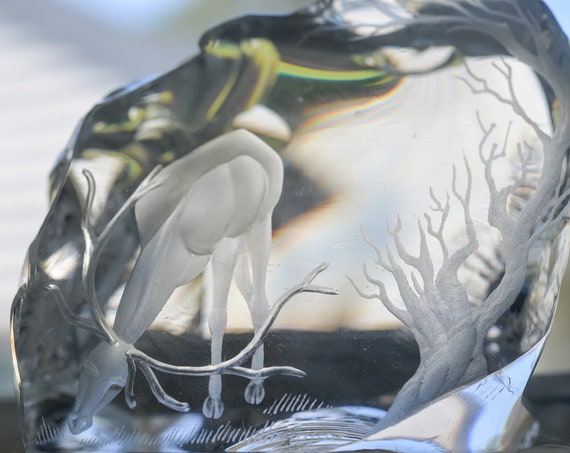 Huge Broken Glass Etched Stag with Tree Swedish Danish Paperweight Mat Jonasson or similar
