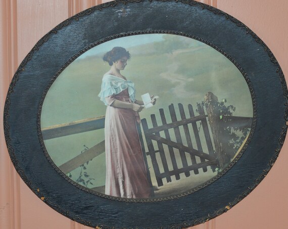 Victorian Print, Woman Reading Letter , Farmland Landscape Orginal 1900s frame