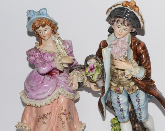 Pair of 13" Bisque Dresden Lace Figures Boy and Girl With Flower Baskets C3441 Circa 1940-60 German or Similar Maker High Color and Glaze