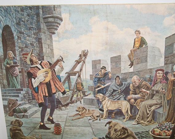 Saratoga SPA Summer Theater Harper Goff Disney Animator Prints Maid Marian Troubadour Monks Performing Scene Old English Courtyard