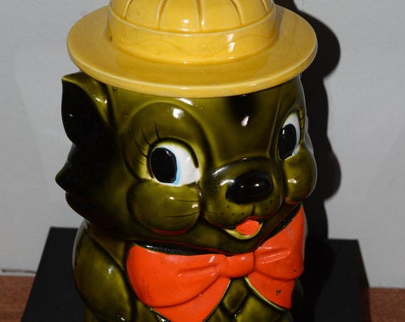 Vintage Made in Japan 1960-70s Cat Cookie Jar Green with yellow hat Vintage Cutie in Excellent condition