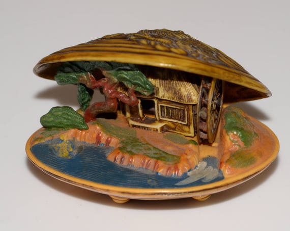 Carved Japanese Water Wheel Scene Diorama clam shell Scene Vintage Souvenir Dragon lid Celluloid Caved Celluloid Large Asian Scene
