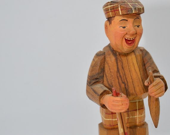 Vintage Anri Carved wood Fly Fisherman 1960s Fishing Character Whimsical carving Italian Carving