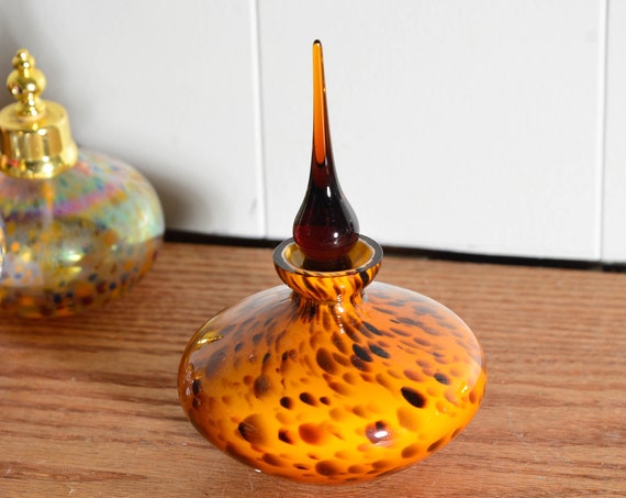 Vinage Leopard print Amber Art Glass Perfume or Scent Bottle Blown Glass Large