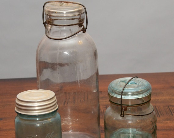 Set of three Antique mason jars Aqua Ball, Blue Atlas and 12 inch Blown Glass Clear quart and pint size