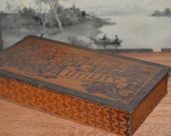 Pyrography Folk Art Utility Box Hand Made Folk Art with vintage Flowers