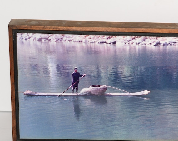Vintage Chinese China Fisherman on Boat Shanghai River Real Photo Mounted And Ready to Hang 1970s Asian Photograph Journalism