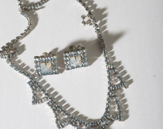 Elegant Opal and Blue Rhinestone Vintage Demi Parure Necklace and Earrings Set 1950s Wedding Prom Formal Free shipping
