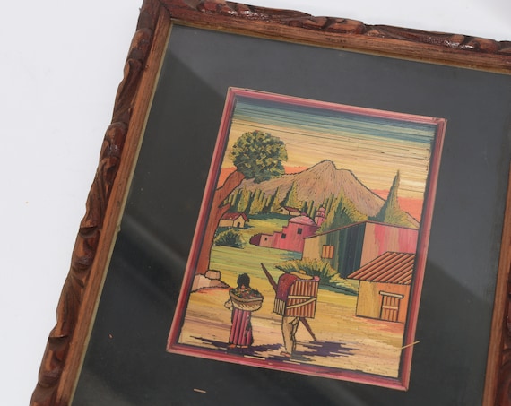 Mexican Straw Art Vintage Framed Village Scene Original Mexico Folk Art Moutains with Village People