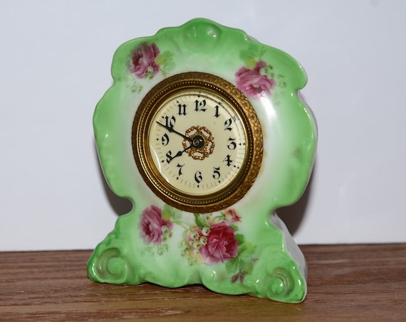 Antique Porcelain Clock Green With Pink Roses Circa 1930 Works
