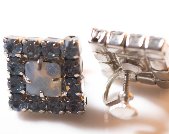 vintage Rhinestone Screw Back Earrings with Opal Opalescent center, blue rhinestones Close back Setting