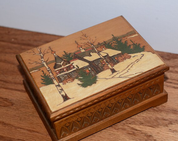 Folk Art Russian Easter Europe Carved Trinket Jewelry Box Church in snow Intricate Colorful