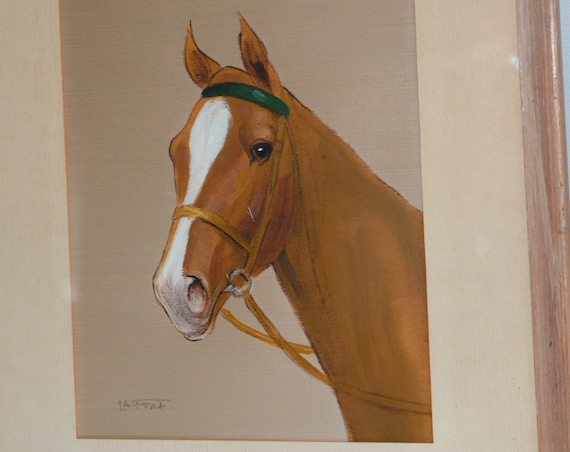 Signed Henry or Harriet LaForet Oil painting on Silk Horse Framed and Matted Circa 1950-70s 18x20