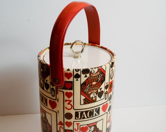 Poker Cards Bright Mid Century Ice Bucket Bucket Brigade Playing Cards Red Black White LARGE ice Bucket By Morgan Card Playing Bridge Retro