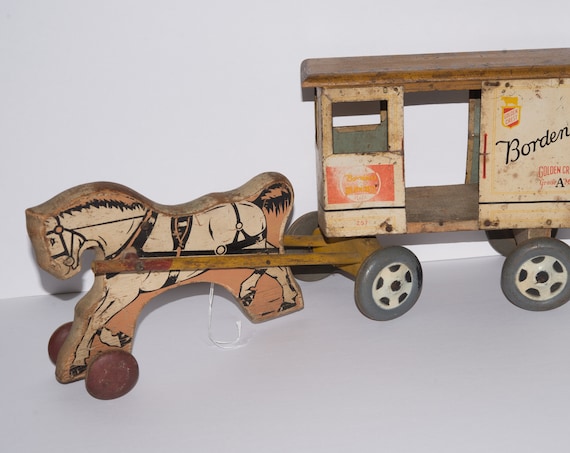 1950 Rich Toys Wooden Borden Gold Crest Milk Horse and Cart Toy Pull toy Milk wagon Advertising Dairy Farming