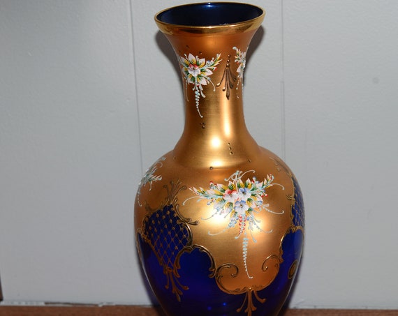 Cobalt Blue Glass Vase with 24K Gold Overlay Floral Murano Glass Italy C1950-70, 12 inches high Glass Overlay